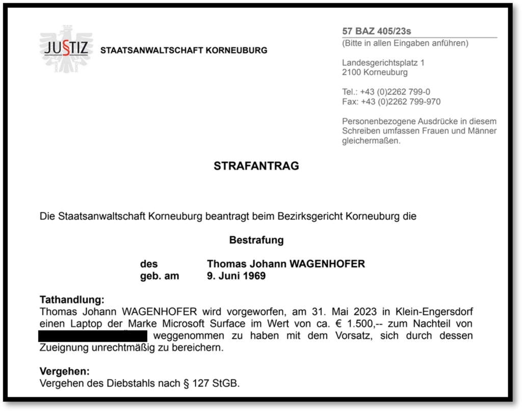 Strafantrag gegen den Wiener Zocker Thomas Wagenhofer wegen Diebstahl eines Notebooks