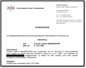 Strafantrag gegen den Wiener Zocker Thomas Wagenhofer wegen Diebstahl eines Notebooks